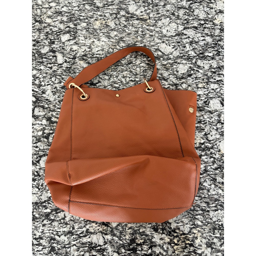Cognac Brown Pebbled Faux Leather Bucket Bag Shoulder Tote Gold Hardware